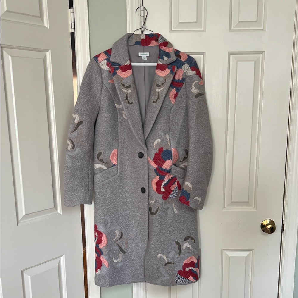 Sundance Gray Trench Coat with Red and Pink Floral Embroidery